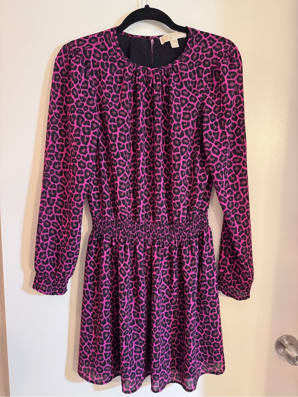 Michael Kors Women's Pink & Black Leopard Print Smocked Waist Mini Dress, Medium